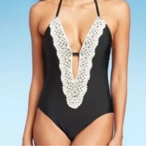 NWT Shade & Shore Crochet Lace Halter One Piece Swimsuit-Black-Women